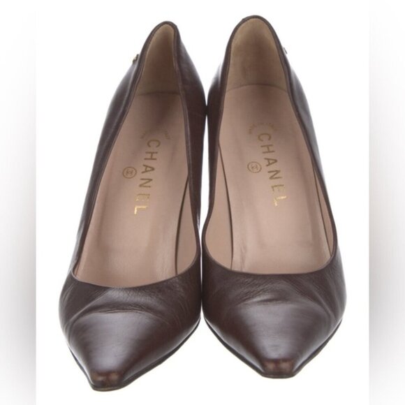 Vintage 2000s Chanel Interlocking CC logo point leather Burgundy point pump sz 9 - Picture 3 of 8